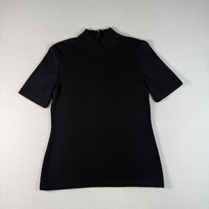 St John Santana‎ Knit Black Mock Neck Short Sleeve Zipper Top Small Quiet Luxury